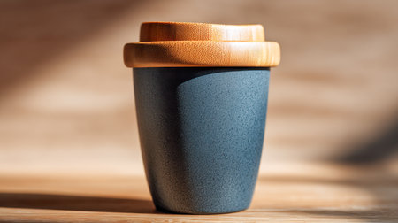 A sleek ceramic mug with a natural wooden cover rests on a textured wood surface, illuminated by gentle warm light creating inviting shadows and a cozy vibe.の写真素材