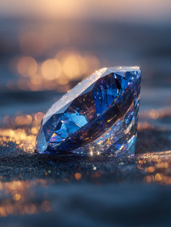 A luminous jewel lies nestled in soft grains of sand, basking in the golden glow of sunset, with shimmering reflections showcasing deep azure and radiant gold shadesの写真素材