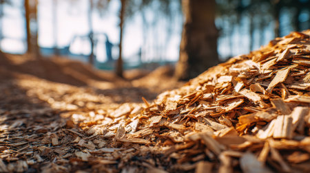 Sun-dappled forest path bordered by vibrant autumn foliage, layered with gentle wood chips that offer a cozy, eco-friendly trail under towering trees.の写真素材