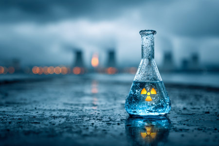 A luminous blue chemical in a laboratory beaker rests on a damp surface, with a warning symbol visible, against a hazy factory backdrop under stormy, pollution-filleの写真素材