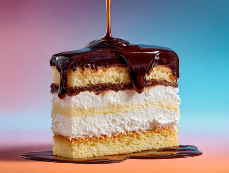 A decadent vanilla cake layered with airy cream, generously adorned with glossy chocolate drizzle...