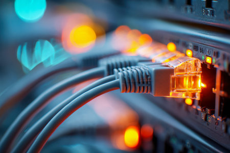 A close-up of vibrant Ethernet cords plugged into a sleek switch, with luminous indicators flashing...