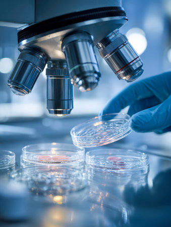 A researcher in blue gloves carefully examines transparent samples through a high-powered...