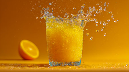 Juicy orange liquid spills artfully in a clear glass, with a halved orange behind it, set against a lively yellow background that exudes sunny summer energy.の写真素材