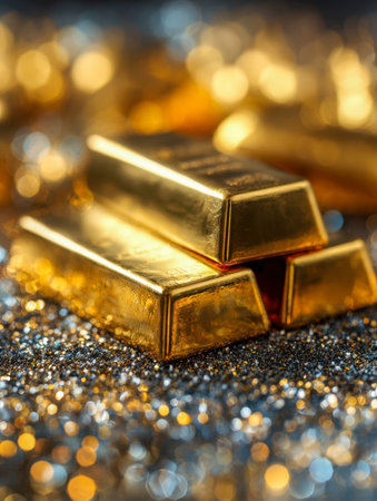 Brightly gleaming gold ingots are arranged in a neat stack, set against a shimmering bokeh backdrop that captures the essence of affect, elegance, and success.の写真素材