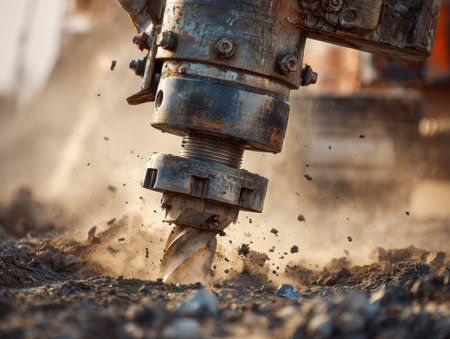 A heavy machinery unit operates at a construction zone, intensely rotating to fragment earth and stone, creating clouds of dust and scattered debris.の写真素材