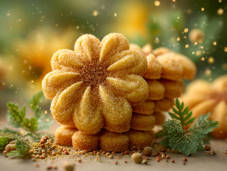 Warm, inviting setting featuring delicately crafted flower-shaped treats with shimmering sugar, complemented by vibrant spices and fresh herbs, evoking rustic charm.の写真素材