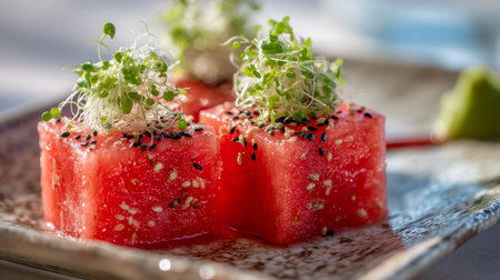 Juicy watermelon chunks topped with contrasting sesame seeds and crisp green sprouts, elegantly...
