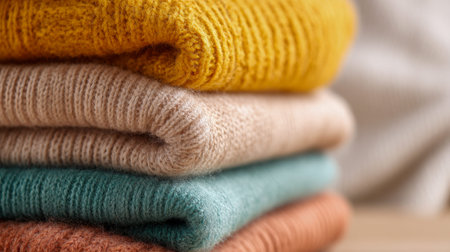 A collection of plush, earth-toned sweaters arranged meticulously to evoke warmth and comfort,...