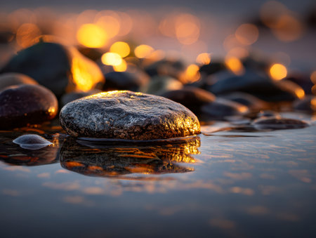 Tranquil waters mirror polished stones shimmering in warm sunset hues, creating a peaceful lakeside scene with a gentle bokeh backdrop.の写真素材