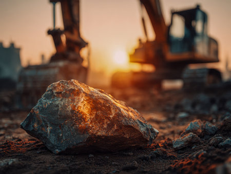 A massive, weathered stone bathed in soft morning light, contrasting with the blurred outline of construction equipment as dawn breaks over the active site.の写真素材