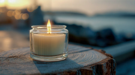 A gentle light emanates from a glass-encased candle atop a rustic wooden stump, with a hazy waterfront sunset casting a tranquil, calming atmosphere.の写真素材
