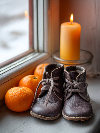 An intimate scene capturing tiny, well-worn shoes with knitted laces alongside bright tangerines and a gentle flicker of candlelight, evoking cozy, timeless memoriesの写真素材