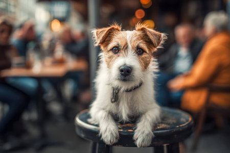 A curious little pup with mixed brown and white coat perches alertly on a tall bar stool, surrounded by the vibrant, softly lit atmosphere of a bustling caf?.の写真素材