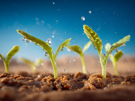 Fresh sprouts emerge from rich earth, gleaming droplets softly cascade to nurture them, set against a vibrant sky, embodying growth and renewal in nature's embrace.の写真素材
