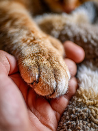 A tender scene capturing a person's hand gently gripping a feline?s paw, plush fur and tiny claws...