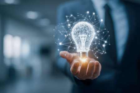 A professional in a sleek office setting cradle a luminous, interconnected digital bulb, embodying fresh concepts and technological ingenuity.の写真素材