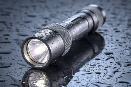 A rugged, weatherproof flashlight cast glowing beams onto a damp surface, with shimmering water...