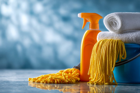 Vibrant cleaning tools such as a cheerful yellow mop, vivid orange spray bottle, deep blue bucket,...