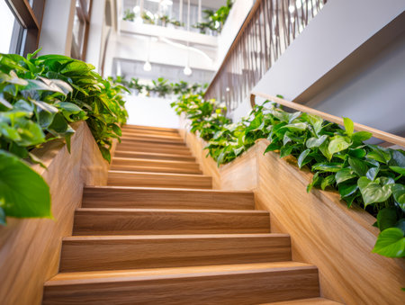 Bright, airy space featuring a sleek wooden staircase paired with vibrant greenery and soft sunlight, exuding a calm, welcoming vibe ideal for contemporary living orの写真素材