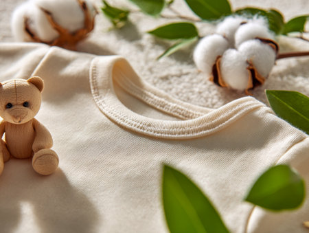 Delicate organic cotton baby attire paired with a plush teddy bear and fresh greenery, set against a warm, textured fabric surface for a cozy, eco-friendly vibe.の写真素材