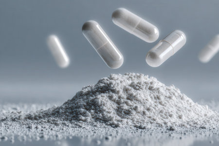 Sleek white capsules hover above a shimmering mound of powder, set against a cool-toned backdrop that emphasizes precision and purity in pharmaceutical design.の写真素材
