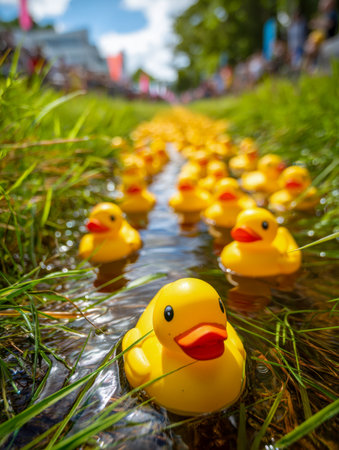 Cheerful yellow ducks drift along a slender outdoor creek, framed by lush grasses under a clear sky.の写真素材