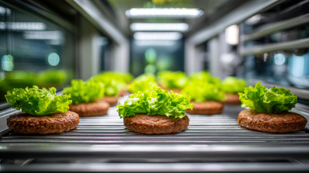 Vibrant green lettuce leaves are meticulously arranged atop plant-based patties in a sleek, illuminated display, reflecting a modern approach to healthy fast food.の写真素材