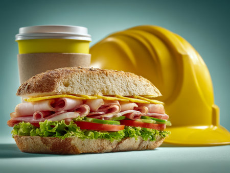 A deliciously layered sandwich with ham, crisp lettuce, ripe tomato, and melted cheese, paired with a hot drink, all on a soothing teal background.の写真素材