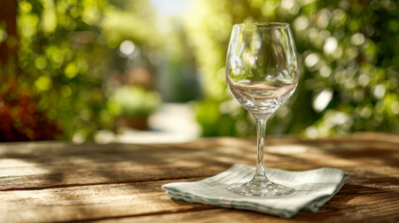 A solitary wine glass atop a gentle fabric, set against weathered wood, surrounded by vibrant greenery and warm sunlight, evoking tranquility in an inviting outdoor spaceの写真素材