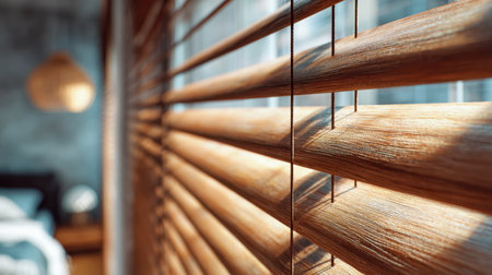Warm beams of sunlight filter through adjustable wooden slats, creating inviting shadows in a stylish, contemporary living space with soft, blurred accents.の写真素材