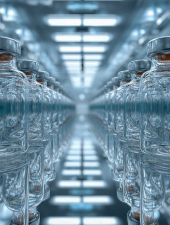 Orderly rows of crystalline glass containers with glaming surfaces, set against a pristine, illuminated workspace highlighting meticulous scientific accuracy and purityの写真素材