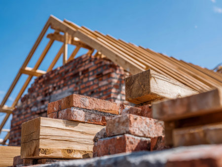 A busy building project features neatly arranged timber supports and vibrant brickwork awaiting...