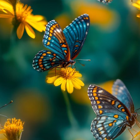 Brightly colored butterflies gently rest on blooming yellow blossoms, set against a soft, green...
