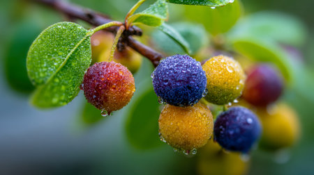 Juicy, rainbow-hued berries sway from a lush green branch, glistening with morning dew amid a...
