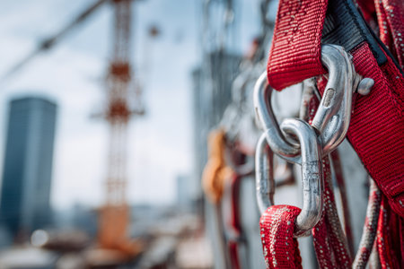 A close-up of a sturdy metal clip connected to vivid red safety straps, set against a softly blurred cityscape under bright, clear skies, emphasizing safety and duraの写真素材
