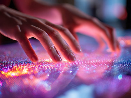 Innovative hands manipulate a luminous digital interface filled with dynamic, multicolored data...