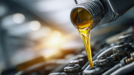 Brightly lit workshop scene highlighting viscous, amber-colored oil flowing steadily into a car's engine, surrounded by intricate mechanical components and tools.の写真素材