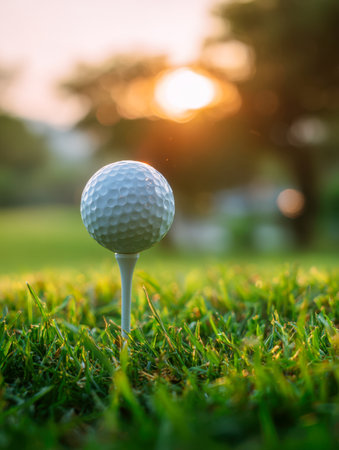 A solitary golf ball rests atop a tee, illuminated by the warm glow of dawn, with deep green fairways and a softly blurred landscape creating a serene morning ambiance.の写真素材