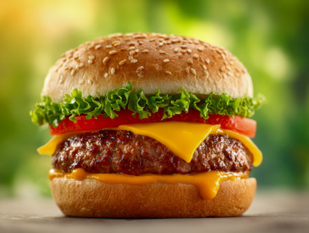 Juicy beef patty topped with golden melted cheddar, crisp lettuce, and ripe tomato slices, all nestled in a toasted sesame bun, set against a scenic outdoor backdropの写真素材