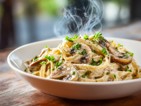 A luscious mushroom sauce with herbs ladled over tender pasta, topped with bright green parsley, steaming in a minimalist bowl on weathered wood, evoking cozy eleganの写真素材