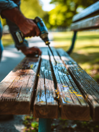 A individual expertly revitalizes a rustic outdoor bench, wielding a cordless drill under bright sunlight amid lush greenery, highlighting craftsmanship and renewal.の写真素材