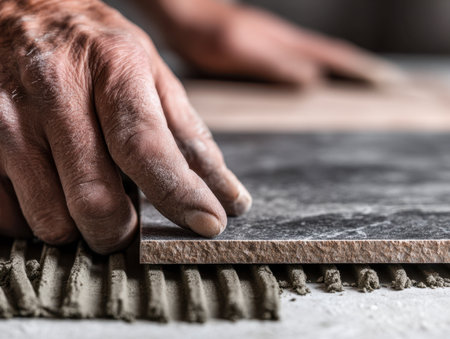 A meticulous worker positions a textured tile onto a sticky surface, demonstrating craftsmanship and dedication to creating a flawless, long-lasting flooring result.の写真素材