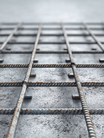 Weathered steel bars form precise rectangular lines atop cement, embodying industrial strength and geometric harmony in construction frameworks.の写真素材