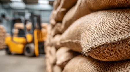 Rows of rough-textured burlap containers reach upward as a vibrant yellow forklift stands poised in...