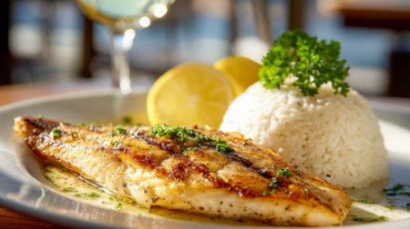 A perfectly cooked fish fillet, coated with savory spices and topped with a silky herbal dressing, paired with fluffy rice and fresh citrus accents on a pristine white diの写真素材