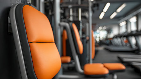 A sleek, brightly illuminated sports facility featuring vibrant orange padding on modern exercise...