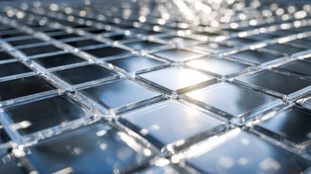 A sleek arrangement of polished solar modules arranged diagonally, reflecting sunlight against a forward-looking energy innovation backdrop.の写真素材
