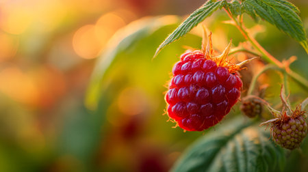 A sunlit raspberry dangles amid lush green foliage, basking in the soft glow of late afternoon rays, capturing the essence of summer's natural sweetness.の写真素材