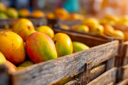 Sun-drenched outdoor stall displays a colorful bounty of perfectly ripened mangoes, their rich hues contrasting beautifully against weathered wooden crates, creatingの写真素材